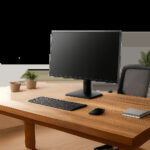 Un bureau en bois au design sobre et premium, intégré dans un espace de travail lumineux et bien organisé. L’image évoque la stabilité, le confort et l’ergonomie recherchés au quotidien.