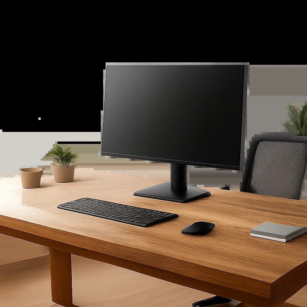 Un bureau en bois au design sobre et premium, intégré dans un espace de travail lumineux et bien organisé. L’image évoque la stabilité, le confort et l’ergonomie recherchés au quotidien.